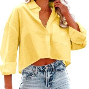 Boohoo, Light Yellow, Crop Top, Long Sleeve, Button Down, Collar, Size 10
